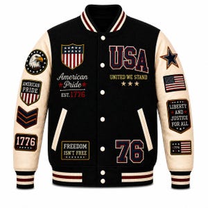 Collegejacke mit amerikanischem Nationalstolz, USA-Adler-Letterman-Jacke, patriotischer Stil von 1776