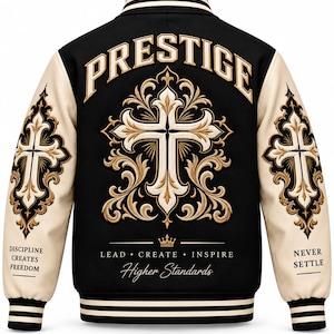 Pode incluir: Uma jaqueta varsity preta com mangas na cor creme, apresentando uma grande cruz bordada e a palavra PRESTIGE nas costas. O texto inclui DISCIPLINE CREATES FREEDOM, LEAD CREATE INSPIRE, NEVER SETTLE e Higher Standards com um pequeno ícone de coroa.