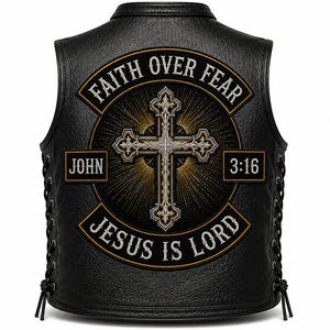 May include: A black leather waistcoat featuring side lacing and a large back patch. The patch displays a central ornate cross with sunburst rays, surrounded by the text FAITH OVER FEAR, JOHN 3:16, and JESUS IS LORD in white lettering on a black background.
