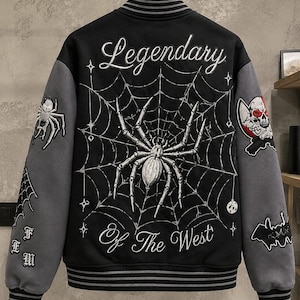 Gothic Spider Varsity Jacket: Embroidered Web, Skull Patches, Streetwear Fashion