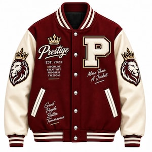 May include: A maroon and cream varsity jacket featuring a large letter P, lion head patches with crowns on the sleeves, and text including Prestige, Est. 2023, Discipline, Creativity, Progress, Freedom, More Than A Jacket, and Good People Better Tomorrows.