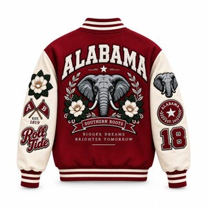 Może przedstawiać: Bordowa kurtka typu varsity z kremowymi rękawami, ozdobiona grafiką słonia, napisami ALABAMA, SOUTHERN ROOTS, BIGGER DREAMS BRIGHTER TOMORROW, Roll Tide i 18, a także motywami kwiatowymi, skrzyżowanymi flagami z literami A i B oraz okrągłym emblematem.
