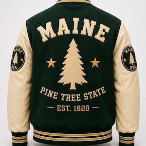 Maine Collegejacke, Letterman-Stil, Waldgrün, Creme, Wolle, Leder, personalisierbar, Unisex, Bomberjacke, Geschenk, bestickt