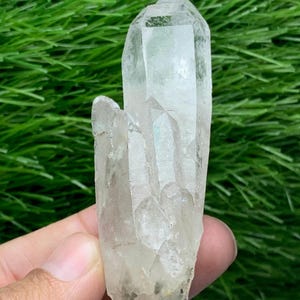 Puede incluir: Un grupo de cristales de cuarzo transparente con múltiples puntas. El cristal se sostiene sobre un fondo de hierba verde. El cuarzo tiene una apariencia translúcida con estructuras internas visibles e imperfecciones naturales.