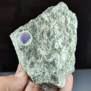 Puede incluir: Una roca rugosa y texturizada con una prominente gema púrpura redonda incrustada. La piedra está rodeada por un halo verde claro, que contrasta con el color verde grisáceo de la roca. La roca se sostiene en una mano.