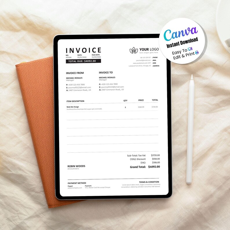 Invoice Template, Editable Canva Invoice Template for Small Business ...