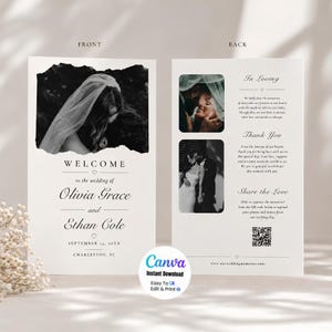 May include: A white wedding program card featuring a black and white photo of a couple on the front with the text Welcome to the wedding of Olivia Grace and Ethan Cole, September 14, 20XX, Charleston, SC. The back includes photos and text.