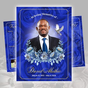 May include: A memorial card featuring a portrait of a man in a suit and tie, with blue floral decorations. The card includes the text "In loving Memories of" and the name "David Methio" with birth and death dates.