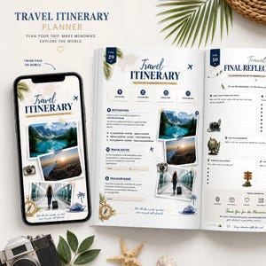 Könnte beinhalten: Ein Reiseplaner, der auf einem Smartphone-Bildschirm und in einem aufgeschlagenen Buch zu sehen ist. Die Seiten enthalten Abschnitte für Zielort, Reisedaten und Reisendenname, verziert mit Illustrationen von Kamera, Globus und Palmen.