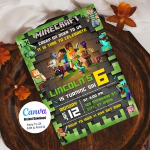 May include: A Minecraft-themed birthday invitation with pixelated characters and the text "Minecraft, Creep on over to us, It is time to celebrate." The invitation is for Lincoln's 6th birthday, with date, time, and RSVP information.