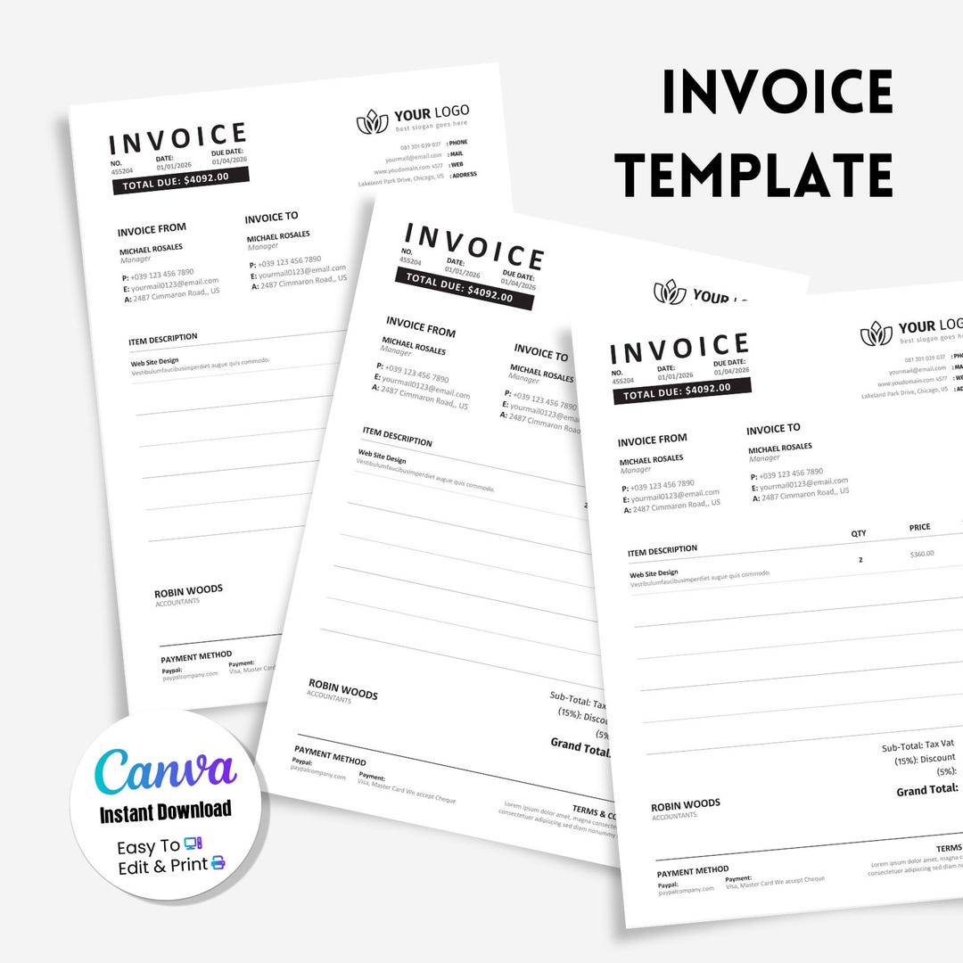 Invoice Template, Editable Canva Invoice Template for Small Business ...