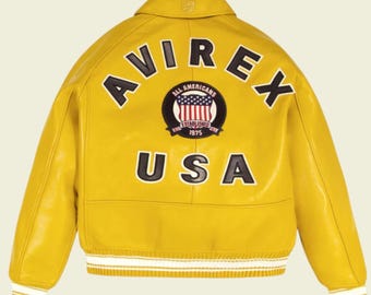 Avirex USA Icon Leather Bomber Jacket Genuine Cowhide Yellow Leather Jacket Men's Streetwear American Flight Unisex Jacket Best Gift for Him