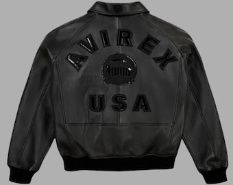 アビレックス USA アイコン ブラック レザー ボンバージャケット 本物の牛革 刺繍ロゴ ストリートウェア フライト ソフト ユニセックス ジャケット 男性への最高のギフト