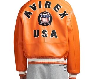Avirex USA Icon Leather Bomber Jacket Men's Genuine Cowhide Leather Jacket American Style Fashion Jacket All Season Outerwear Gift for Him