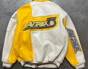 Chaqueta de cuero blanco y amarillo Avirex 75.º aniversario, piel de vaca auténtica, estilo universitario, americana, regalo para él
