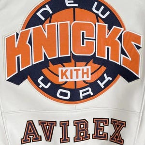 Chaqueta bomber de cuero Knicks Kith x Avirex, chaqueta de motociclista de cuero genuino de vaca, estilo universitario premium, chaqueta de cuero hecha a mano personalizada para él imagen 6