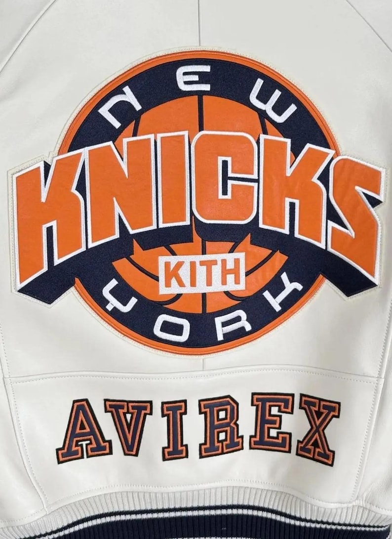 Chaqueta bomber de cuero Knicks Kith x Avirex, chaqueta de motociclista de cuero genuino de vaca, estilo universitario premium, chaqueta de cuero hecha a mano personalizada para él imagen 6