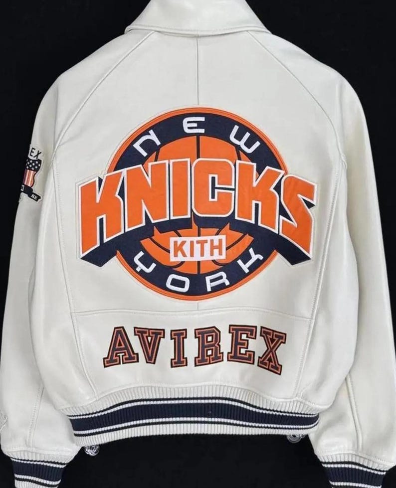 Chaqueta bomber de cuero Knicks Kith x Avirex, chaqueta de motociclista de cuero genuino de vaca, estilo universitario premium, chaqueta de cuero hecha a mano personalizada para él imagen 1