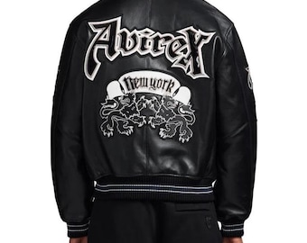 Chaqueta de cuero negra Avirex New York / Chaqueta bomber universitaria retro de moda urbana / Chaqueta de cuero vacuno original / Regalo para amigos