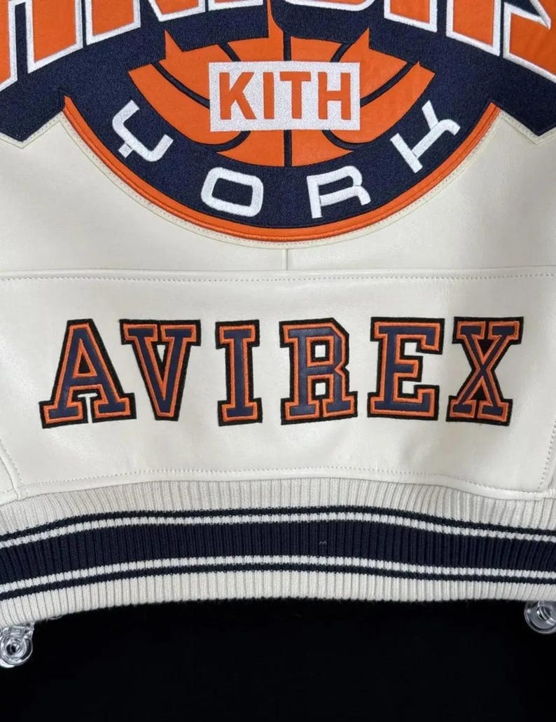 Chaqueta bomber de cuero Knicks Kith x Avirex, chaqueta de motociclista de cuero genuino de vaca, estilo universitario premium, chaqueta de cuero hecha a mano personalizada para él imagen 7