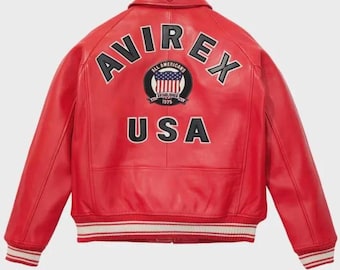 Avirex USA Icon Red Leather Jacket | Premium Genuine Cowhide Leather Jacket | Biker & Streetwear Luxury  Fashion Style Jacket Gift for Her