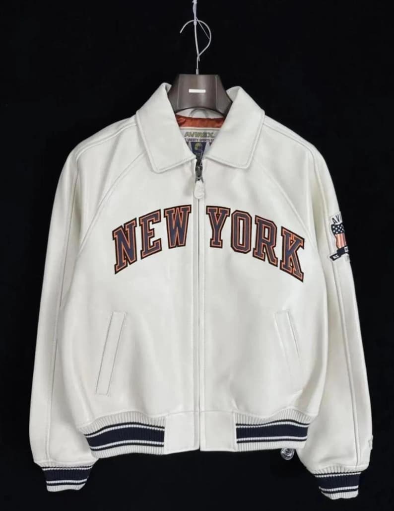 Chaqueta bomber de cuero Knicks Kith x Avirex, chaqueta de motociclista de cuero genuino de vaca, estilo universitario premium, chaqueta de cuero hecha a mano personalizada para él imagen 2