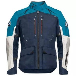 May include: A navy and teal motorcycle jacket with white detailing. The jacket has multiple pockets, zippers, and the BMW logo on the sleeves. It features a high collar and a full-length zip.