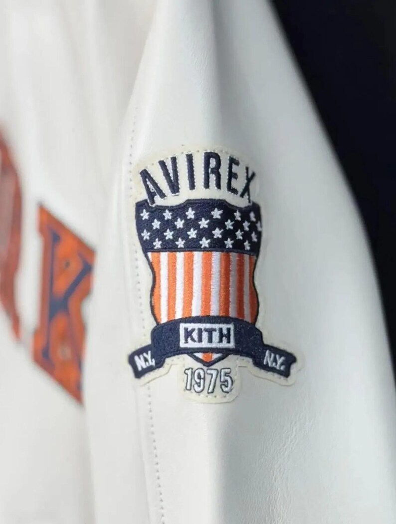 Chaqueta bomber de cuero Knicks Kith x Avirex, chaqueta de motociclista de cuero genuino de vaca, estilo universitario premium, chaqueta de cuero hecha a mano personalizada para él imagen 5