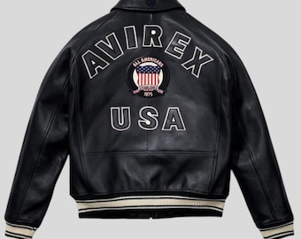 アビレックス USA アイコン ブラック レザージャケット メンズ ミリタリー ボンバージャケット 本革 牛革 バイカージャケット バーシティスタイル 男性への誕生日プレゼント