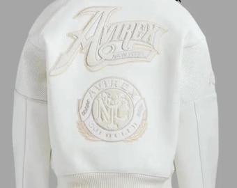 Chaqueta universitaria de cuero blanco Avirex / Chaqueta bomber de estilo urbano premium / Chaqueta de moda de lujo para hombre / Chaqueta de vuelo americana