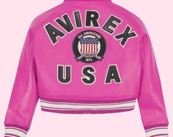 Avirex Women Cropped Pink Leather Bomber Jacket Genuine Cowhide Leather Jacket Streetwear Fashion Outfit for Women Best Gift for Girlfriend