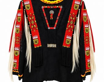 May include: A black long-sleeve shirt featuring a yellow braided neckline and red beaded panels with geometric patterns. The garment includes long white fringe, black fringe accents on the chest and hem, and a central silver medallion.