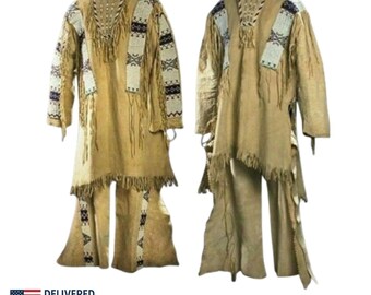 Old Antique Beige Buffalo Suede Hide Beaded Powwow Regalia War Shirt & pant