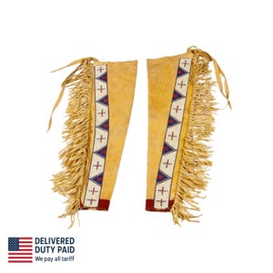 Chaparreras de cuero estilo nativo americano para hombre / Vendas para piernas hechas a mano con flecos y abalorios / Ropa para recreaciones históricas de montañeses