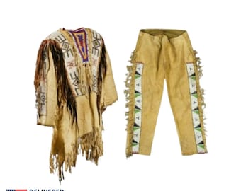 Handmade Old Style Beige cowhide Suede Hide Beaded Fringe Powwow War Shirt & Pant native