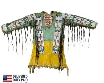 Camisa de guerra estadounidense – Flecos con cuentas, atuendo ceremonial Powwow, cuero con acabado de piel de venado hecho a mano