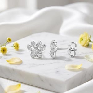 Diamond Paw Print Stud Earrings, 14K White Gold Plated Animal Studs, Dog Cat Paw Earrings, Cute Pet Loss Memorial Gift for Her
