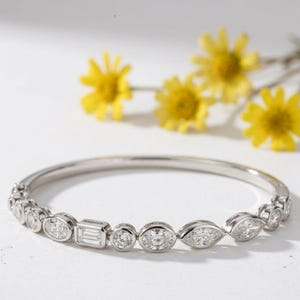 Multi-Shape Moissanite Bezel Link Bangle, Sterling Silver White Gold Finish Anniversary Jewelry