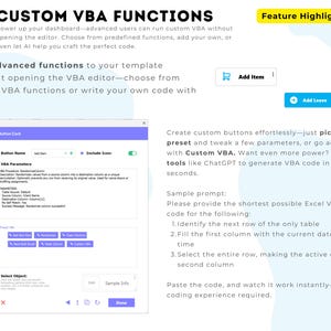 Peut inclure: Une interface num&eacute;rique intitul&eacute;e CUSTOM VBA FUNCTIONS pr&eacute;sentant une fen&ecirc;tre de configuration Button Card. Elle comprend des champs de texte pour les noms de boutons, les param&egrave;tres VBA et une liste de fonctions pr&eacute;d&eacute;finies.