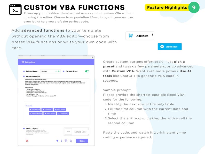 Peut inclure: Une interface num&eacute;rique intitul&eacute;e CUSTOM VBA FUNCTIONS pr&eacute;sentant une fen&ecirc;tre de configuration Button Card. Elle comprend des champs de texte pour les noms de boutons, les param&egrave;tres VBA et une liste de fonctions pr&eacute;d&eacute;finies.