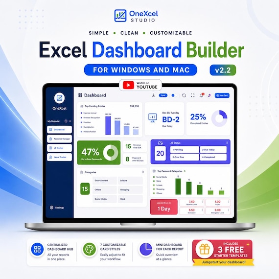 Excel Dashboard Builder Template | Interactive Spreadsheet Dashboards | 3 Starter Reports | OneXcel
