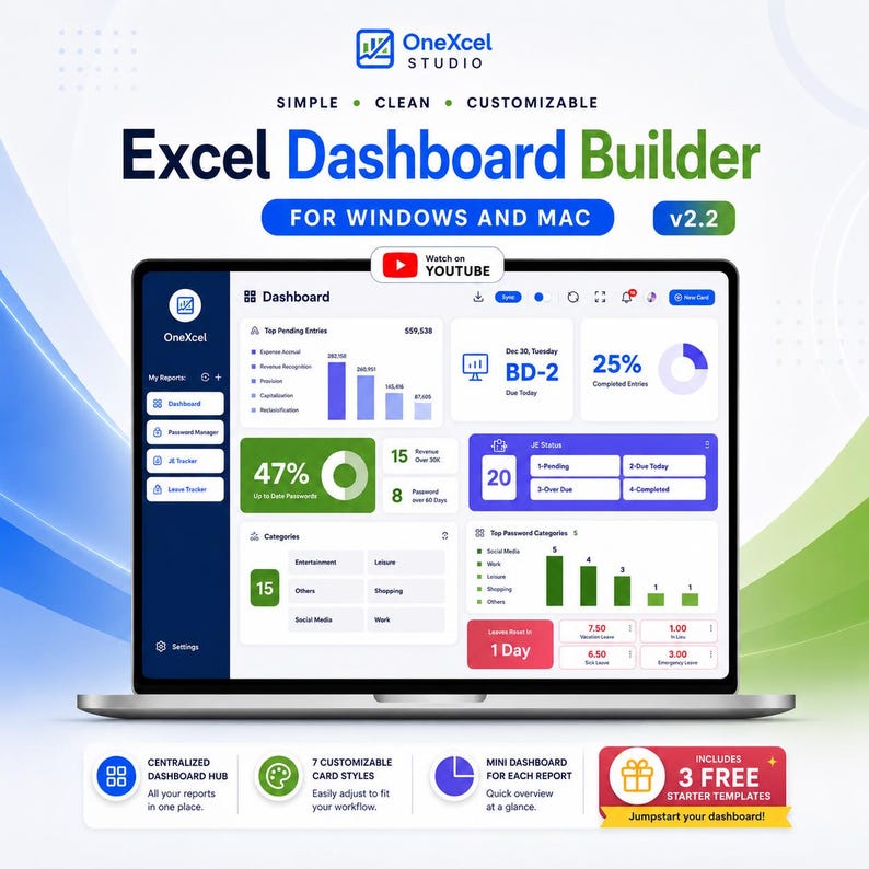 Peut inclure: Un &eacute;cran d'ordinateur portable affichant l'interface du logiciel Excel Dashboard Builder v2.2 de OneXcel Studio. Le tableau de bord pr&eacute;sente divers graphiques, barres de progression et suivis de cat&eacute;gories en bleu, vert et rouge. Le texte inclut Simple, Clean, Customizable, For Windows and Mac et Watch on YouTube.