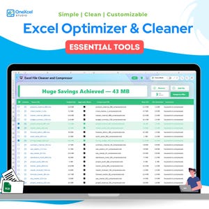 May include: A laptop displays the Excel Optimizer & Cleaner interface, showcasing file compression and savings. The screen shows a list of files with details. The text "Excel Optimizer & Cleaner" and "ESSENTIAL TOOLS" are visible.