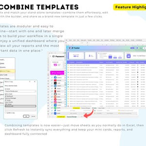 Peut inclure: Une interface de tableur num&eacute;rique pr&eacute;sentant une fonctionnalit&eacute; de combinaison de mod&egrave;les. L'&eacute;cran affiche un tableau de bord JE Tracker avec des tableaux de donn&eacute;es, une bo&icirc;te de dialogue Move or Copy pour les feuilles Excel et une barre de navigation.
