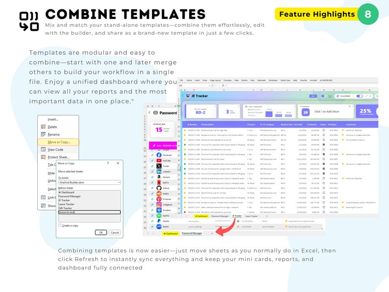 Peut inclure: Une interface de tableur num&eacute;rique pr&eacute;sentant une fonctionnalit&eacute; de combinaison de mod&egrave;les. L'&eacute;cran affiche un tableau de bord JE Tracker avec des tableaux de donn&eacute;es, une bo&icirc;te de dialogue Move or Copy pour les feuilles Excel et une barre de navigation.