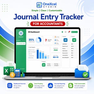 May include: A digital Journal Entry Tracker for accountants displayed on a laptop screen, featuring a dashboard with charts, payment summaries, and task lists. The interface includes text labels like Dashboard, Top 5 Categories, and OneXcel Studio.