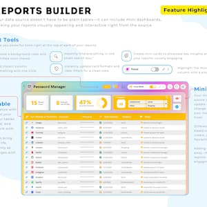 Peut inclure: Une interface num&eacute;rique intitul&eacute;e Reports Builder pr&eacute;sentant un tableau de bord Password Manager avec des mini-cartes, des tableaux de donn&eacute;es et des outils de recherche. La mise en page inclut des d&eacute;grad&eacute;s color&eacute;s, des &eacute;tiquettes et des ic&ocirc;nes.