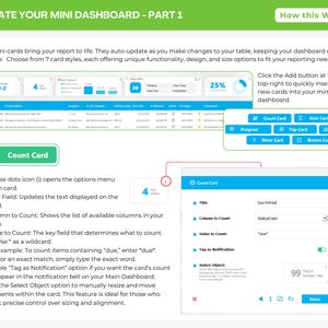 Peut inclure: Un graphique p&eacute;dagogique intitul&eacute; UPDATE YOUR MINI DASHBOARD - PART 1, montrant une interface num&eacute;rique avec un tableau, divers styles de cartes et une fen&ecirc;tre de configuration Count Card avec des champs pour Title, Column to Count, Value to Count et Tag as Notification.