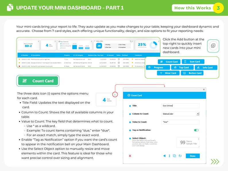 Peut inclure: Un graphique p&eacute;dagogique intitul&eacute; UPDATE YOUR MINI DASHBOARD - PART 1, montrant une interface num&eacute;rique avec un tableau, divers styles de cartes et une fen&ecirc;tre de configuration Count Card avec des champs pour Title, Column to Count, Value to Count et Tag as Notification.