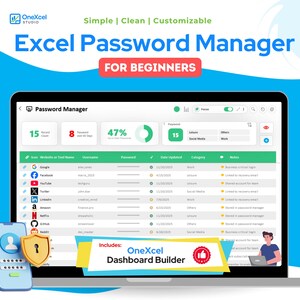 May include: A laptop displays an Excel Password Manager interface, with a smartphone showing a lock icon. The screen shows data, including website names, usernames, and passwords. The text "Excel Password Manager FOR BEGINNERS" is visible.